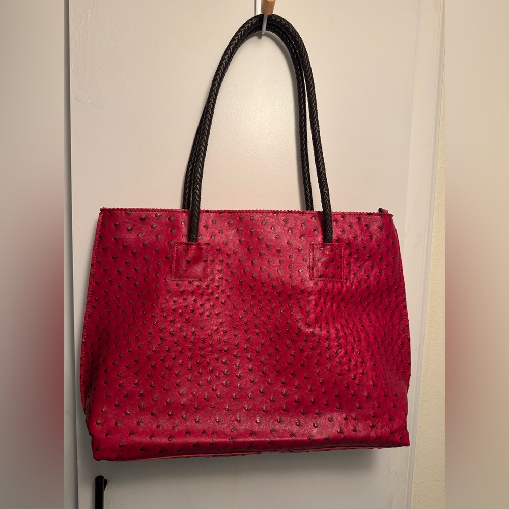 Faux Ostrich Embossed Red Light Weight Tote Bag With Dark Brown Braided Handles